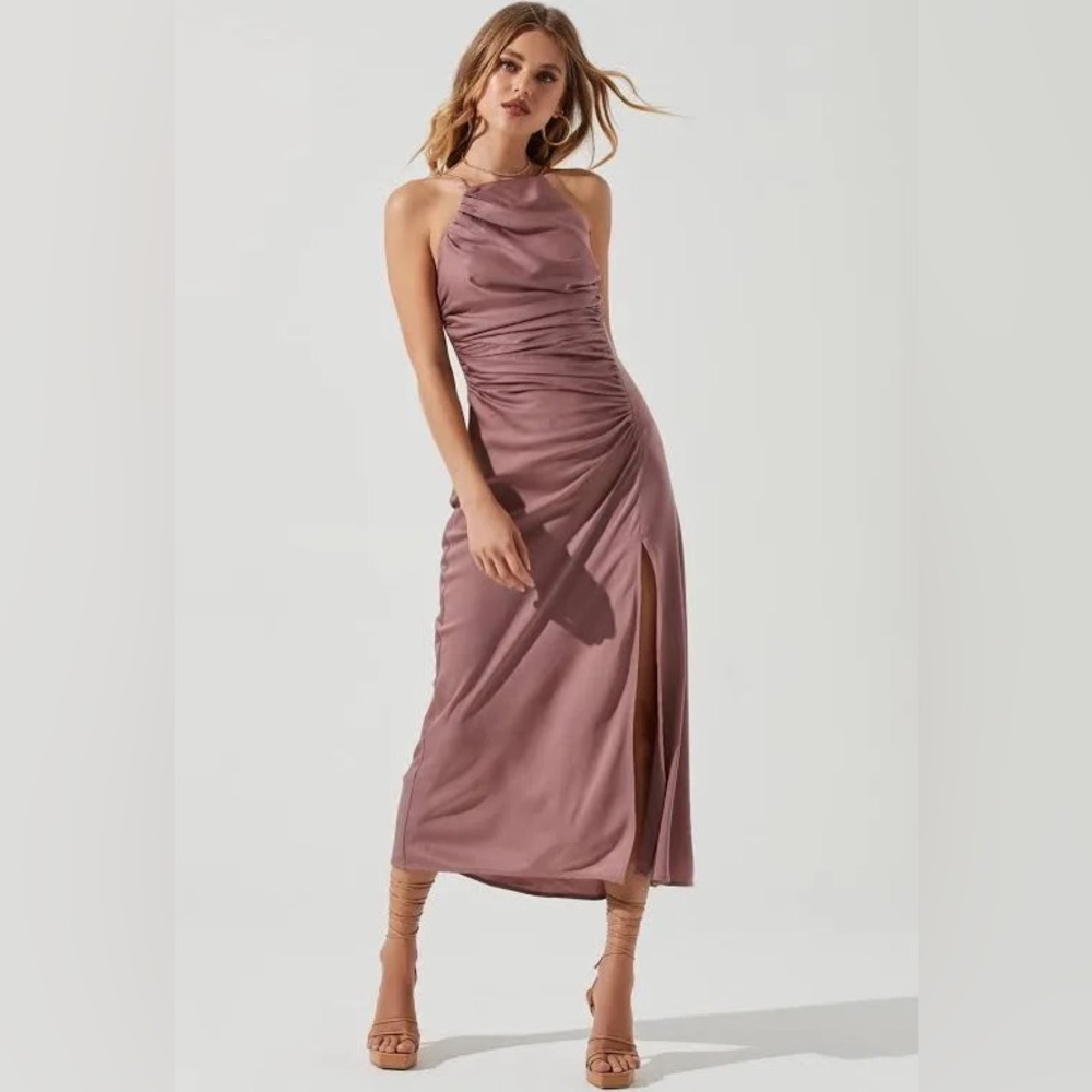 ASTR The Label Front Slit Halter Satin Midi Dress